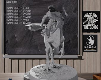 May include: A detailed, gray miniature of a creature with a rider, mounted on a circular base. The miniature is displayed in front of a chalkboard with scale measurements. The TBLTGOODS and Rescale Miniatures logos are visible.