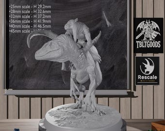 May include: A detailed, grayscale miniature of a raptor-like creature ridden by a humanoid figure. The model is mounted on a circular base. The background includes a chalkboard with scale measurements and logos for TBLTGOODS and Rescale Miniatures.