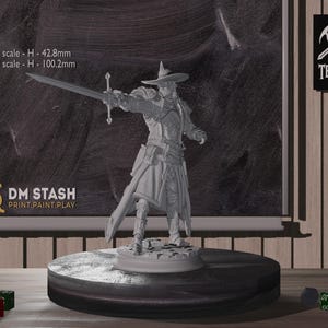 May include: A gray plastic miniature figure of a person wearing a hat and holding a sword. The figure is standing on a round base. The figure is 42.8 mm tall at 32 mm scale and 100.2 mm tall at 75 mm scale. The text "DM STASH PRINT.PAINT.PLAY" is visible on the base.