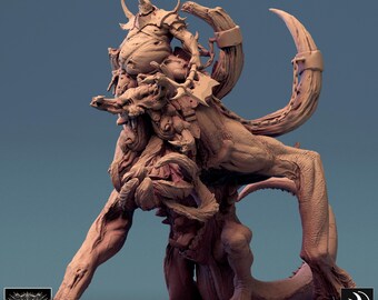 May include: A detailed, hand-painted miniature of a grotesque, fleshy demon riding a monstrous, multi-limbed beast. The demon is wearing armor and holding a weapon. The beast has a long, serpentine tail and sharp claws. The miniature is painted in shades of brown and grey.