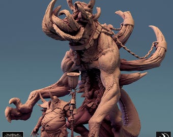 May include: A detailed, 3D printed miniature of a monstrous creature with multiple arms and a smaller, grotesque figure standing in front of it. The creature is chained and has a lantern attached to its body. The miniature is painted in a light brown color.