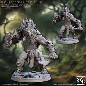 May include: A gray Ironkeep War-Troll miniature figure with a 50mm base. The figure is in a dynamic pose, holding a hammer and wearing armor. The text "IRONKEEP WAR-TROLL + C" and "ALTERNATIVE VERSION!" are visible.