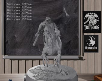 May include: A gray miniature of a creature with a rider, holding a sword. The miniature is on a round base. Text on the image includes scale measurements and the words "TBLTGOODS" and "Rescale MINIATURES".