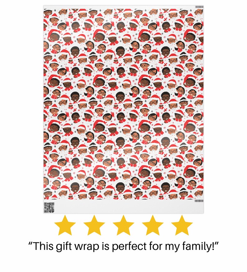 May include: White wrapping paper with a repeating pattern of cartoon faces wearing Santa hats and glasses. The faces are brown and the hats are red.