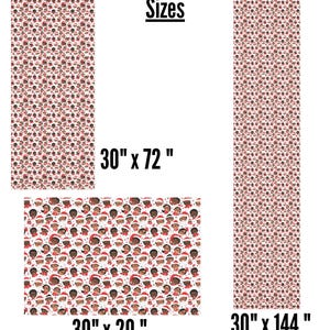 May include: Three different sizes of fabric featuring a repeating pattern of cartoon faces with red hats. The sizes are 30 inches by 72 inches, 30 inches by 20 inches, and 30 inches by 144 inches.