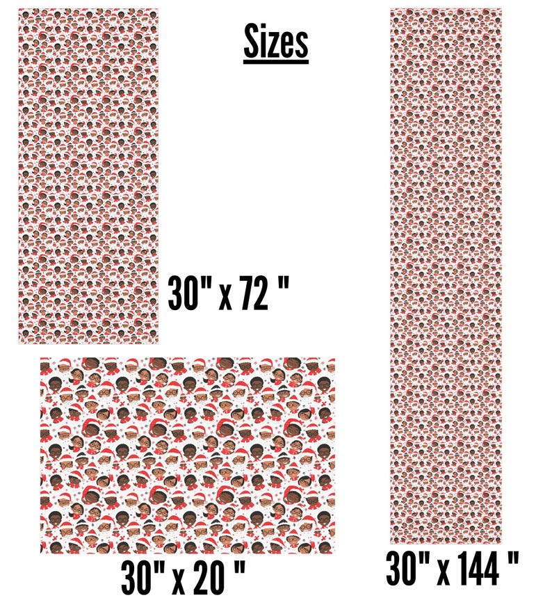 May include: Three different sizes of fabric featuring a repeating pattern of cartoon faces with red hats. The sizes are 30 inches by 72 inches, 30 inches by 20 inches, and 30 inches by 144 inches.