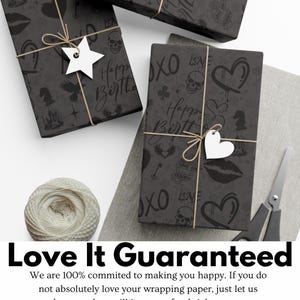 May include: Black and white wrapping paper with a variety of designs, including hearts, skulls, stars, and the words "Happy Birthday".