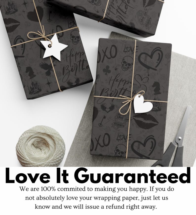 May include: Black and white wrapping paper with a variety of designs, including hearts, skulls, stars, and the words "Happy Birthday".