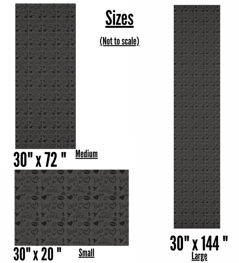 May include: Three sizes of black and white patterned fabric with a repeating design of hearts, kisses, and the word "XOXO". The fabric is available in 30" x 20", 30" x 72", and 30" x 144" sizes.