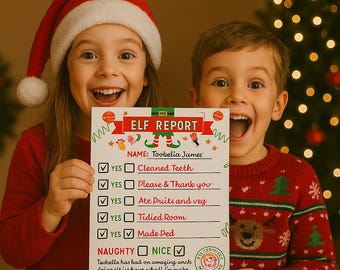 Puede incluir: Dos niños sonriendo y sosteniendo una lista de verificación de "Informe de Elfo". El informe tiene el nombre de "Tookelia James" y marca "Dientes limpios", "Por favor y gracias", "Comió frutas y verduras", "Habitación ordenada" y "Cama hecha". El informe está firmado por "Tinsel Mesnowlake".