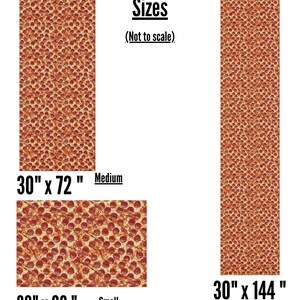 Może przedstawiać: Trzy r&oacute;żne rozmiary tapety w stylu pizzy, z wzorem pizzy pepperoni. Rozmiary to 30 cali na 72 cali, 30 cali na 20 cali i 30 cali na 144 cali. Tekst "Rozmiary (Nie w skali)" znajduje się nad obrazami.