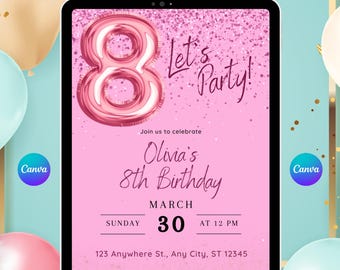 8e verjaardagsuitnodiging voor meisjes bewerkbare roze 8e verjaardag Evite digitale download Canva-sjabloon afdrukbare feest uitnodigen meisjesfeest
