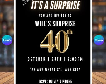 Surprise 40th Birthday Invite Editable 40th Invitation Digital Download 40th Party Canva Template Milestone Birthday for Him 40th Evite