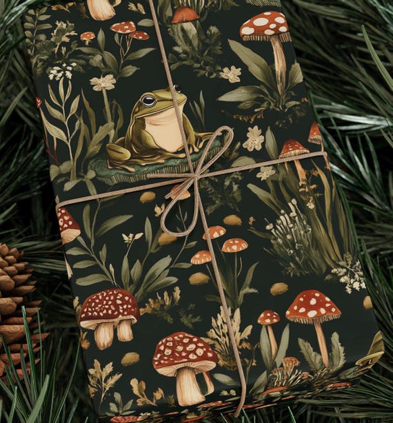 Woodland Frog & Mushroom Wrapping Paper Elegant Nature-Inspired Gift Wrap  Enchanting Forest Design for Unique Gifts