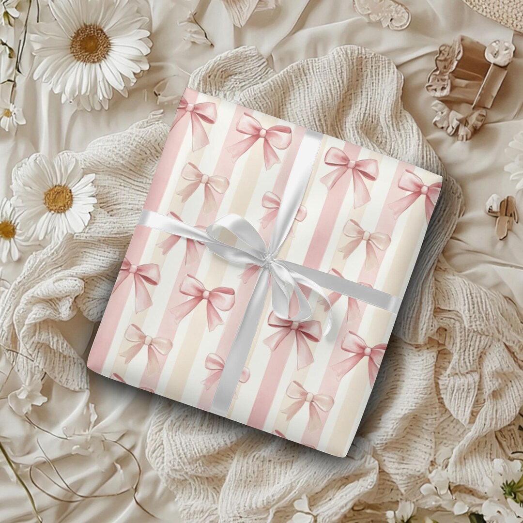 Coquette Pink Bow Stripe Wrapping Paper Retro Gift Wrap for Birthdays ...