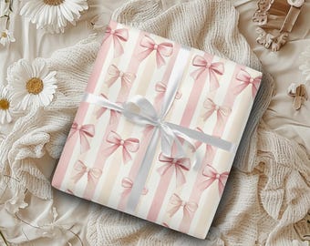 Coquette Pink Bow Stripe Wrapping Paper Retro Gift Wrap for Birthdays Weddings & Mothers Day Stylish Ribbon Design Wrapping Paper Luxurious