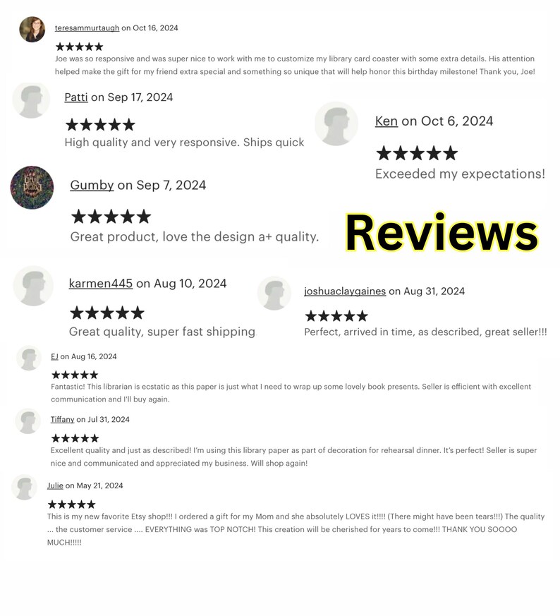 May include: A collection of customer reviews for a product sold on Etsy. The reviews are all positive and highlight the quality of the product, the seller's responsiveness, and the speed of shipping. The reviews are displayed in a white text box with a black background.