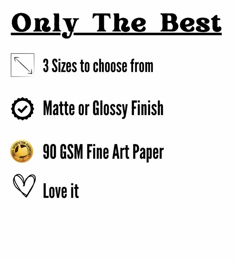 K&ouml;nnte beinhalten: Wei&szlig;er Hintergrund mit schwarzem Text: "Only The Best." Zus&auml;tzlicher Text beinhaltet "3 Gr&ouml;&szlig;en zur Auswahl", "Matt oder Gl&auml;nzend", "90 GSM Fine Art Papier" und "Love it". Symbole sind ebenfalls vorhanden.