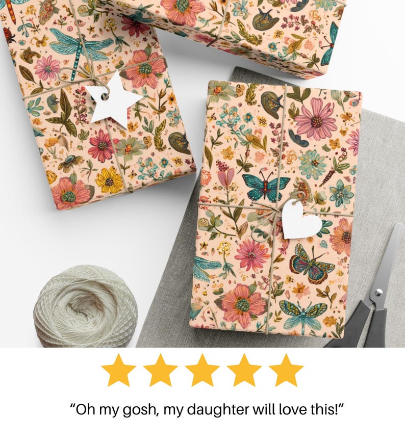 May include: Gift-wrapped boxes with floral and butterfly patterns, tied with twine and adorned with star and heart-shaped tags. A spool of twine and scissors are also visible. The text "Oh my gosh, my daughter will love this!" is displayed below.