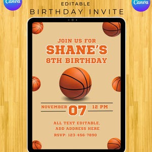Invitation d'anniversaire de basket-ball – Modèle numérique modifiable de invitation électronique | Téléchargement gratuit de toile | Invitation à une soirée Slam Dunk pour enfants
