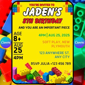 Building Blocks Birthday Invitation Building Bricks Kids Party Invite Editable Boy Birthday Invitation Instant Download Canva Edit Invite