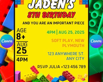 Building Blocks Birthday Invitation Building Bricks Kids Party Invite Editable Boy Birthday Invitation Instant Download Canva Edit Invite