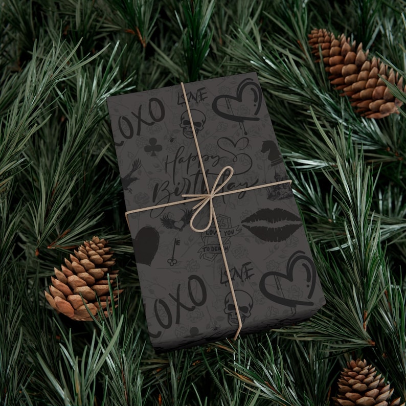 Elegant Black Birthday Gothic Gift Wrap Papers Chic Wrap Design for Dark Birthdays Gothic Dark Wrapping Paper Roll Gothic image 5
