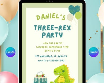 Three Rex verjaardagsuitnodiging bewerkbare Dino-feestuitnodiging voor 3e verjaardag Digitale download Canva-sjabloonDerde verjaardagssjabloon dinosaurus