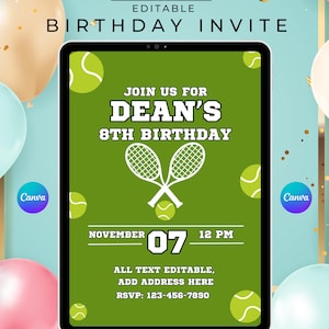 Editable Tennis Birthday Invitation Kids Party Canva Template Printable Tennis Invite Instant Download Customisable Birthday Evite Tennis