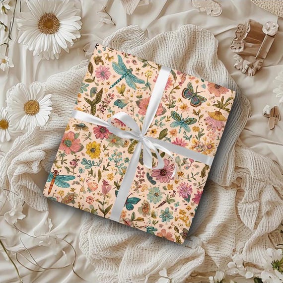 Butterflies and Flowers Wrapping Paper Luxury Nature Gift Wrap with Insects Florals Pastel Birthday Spring Gift Wrap Floral Wrapping Insect