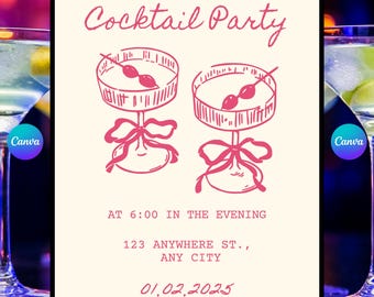 Editable Cocktail Party Invitation Girly Fun Drinks Night Canva Template Digital Download Doodle Cocktail Easy Edit Evite Martini Margarita