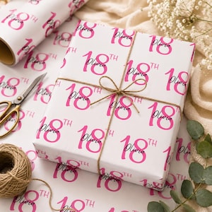 May include: White wrapping paper featuring a repeating pattern of the bright pink text 18th and the black cursive name Olivia. The paper is tied with brown twine, and a roll of the same paper and metal scissors are visible nearby.