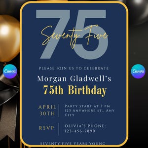 75th Birthday Invitation Editable Digital Invite Instant Download Mens Womens Milestone 75th Birthday Party Editable Canva Template