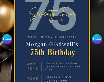 75th Birthday Invitation Editable Digital Invite Instant Download Mens Womens Milestone 75th Birthday Party Editable Canva Template