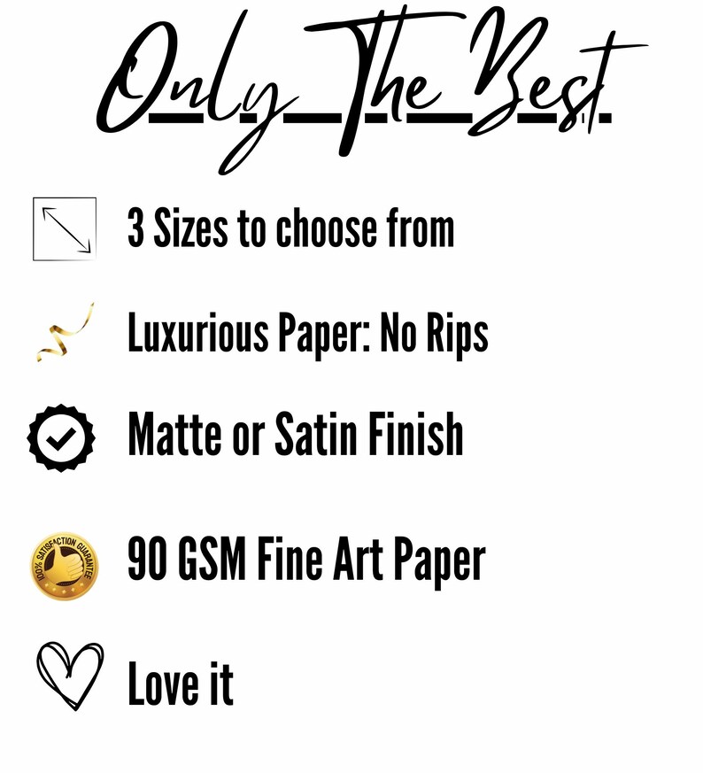 May include: A graphic with the text "Only The Best." and a list of features: 3 sizes to choose from, luxurious paper: no rips, matte or satin finish, 90 GSM fine art paper, and love it.