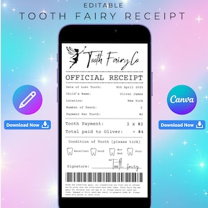 Recibo de carta del Hada de los Dientes editable, certificado imprimible para el primer diente, nota sobre la pérdida del diente para niños, plantilla realista del Hada de los Dientes, descargable