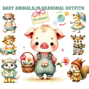 Clipart de animales bebés con atuendos de temporada: 25 adorables ilustraciones de animales de temporada para manualidades, álbumes de recortes y proyectos digitales