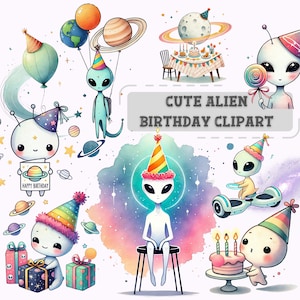 Cute Alien Birthday Clipart Set | Kawaii Space Party Art for Kids | Alien Birthday-themed | By AI Digital Download