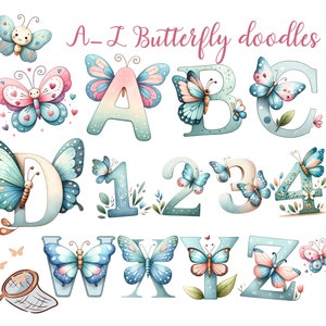 Alfabeto de mariposa y arte numérico - De la A a la Z y números Garabatos caprichosos imprimibles - Descarga digital