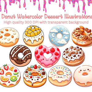 Schattige Donut Art Prints - Aquarel Dessert Illustraties - Keuken Muur Decor - Zoete Foodie Gift - Afdrukbare Donut Collectie