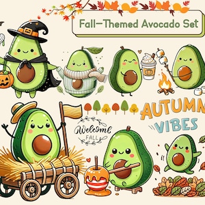 Ilustraciones de aguacate con temática de otoño / Lindo arte de aguacate generado por IA / Halloween, Acogedor, Camping, Cosecha, Decoración de otoño