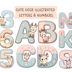 Arte do alfabeto do berçário - Letras e números ilustrados de cervos fofos - Decoração de berçário pastel - Arte educacional da parede do quarto infantil - Presente de chá de bebê