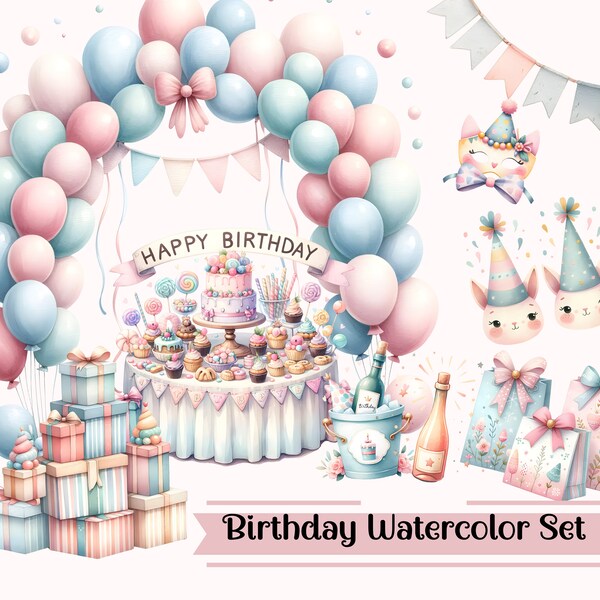Charming Pastel Birthday Party Kit: Balloons, Bunting, Adorable Cake Toppers, and Sweet Table Decor