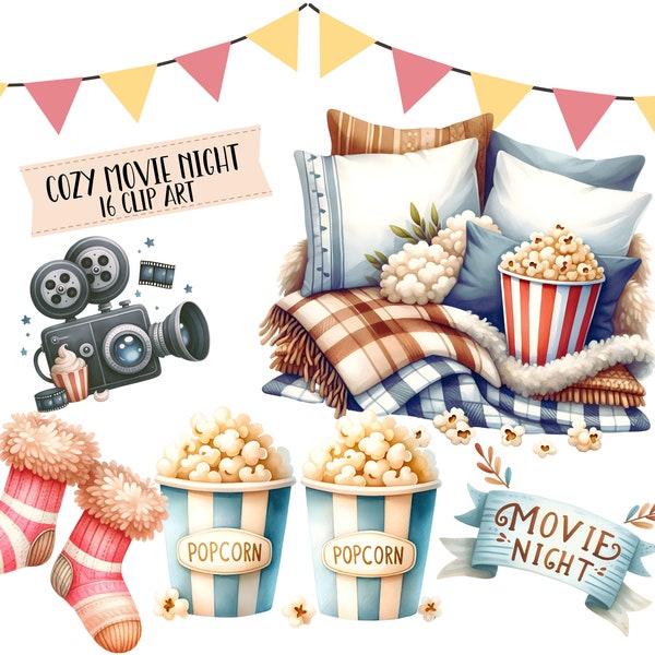 Cozy Movie Night Clipart - Digital Download, Home Cinema Illustrations, Popcorn & Pillows Graphics, Scrapbooking, Invitation Design Elements