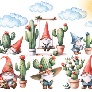 Imágenes prediseñadas de cactus y gnomos de jardín encantados - Ilustraciones digitales caprichosas