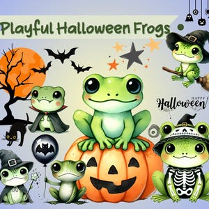 Playful Halloween Frog Art | Halloween Frog Clipart | Cute Frog in Witch Hat, Vampire, Skeleton | Digital Halloween Decor 41 PNG files