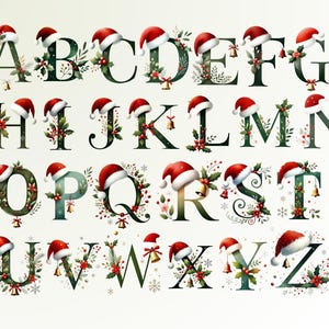 Clipart de alfabeto de Natal | Letras festivas com chapéus de Papai Noel e decorações de Natal | Download digital para artesanato e decoração