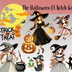 Conjunto de imágenes prediseñadas de The Halloween Of Witch Girls: descarga digital de lindas ilustraciones de brujas generadas por IA para manualidades y decoración espeluznantes
