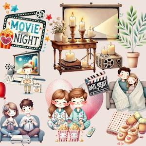 Date Night Digital Clipart Bundle | 56 PNG Cozy Movie Night Illustrations | Romantic Couple Designs | Printable Design For Your Quality Time