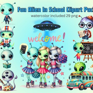 Pack de cliparts extraterrestre amusant à l'école - mignons personnages extraterrestres pour le scrapbooking, les invitations à des fêtes et les travaux manuels